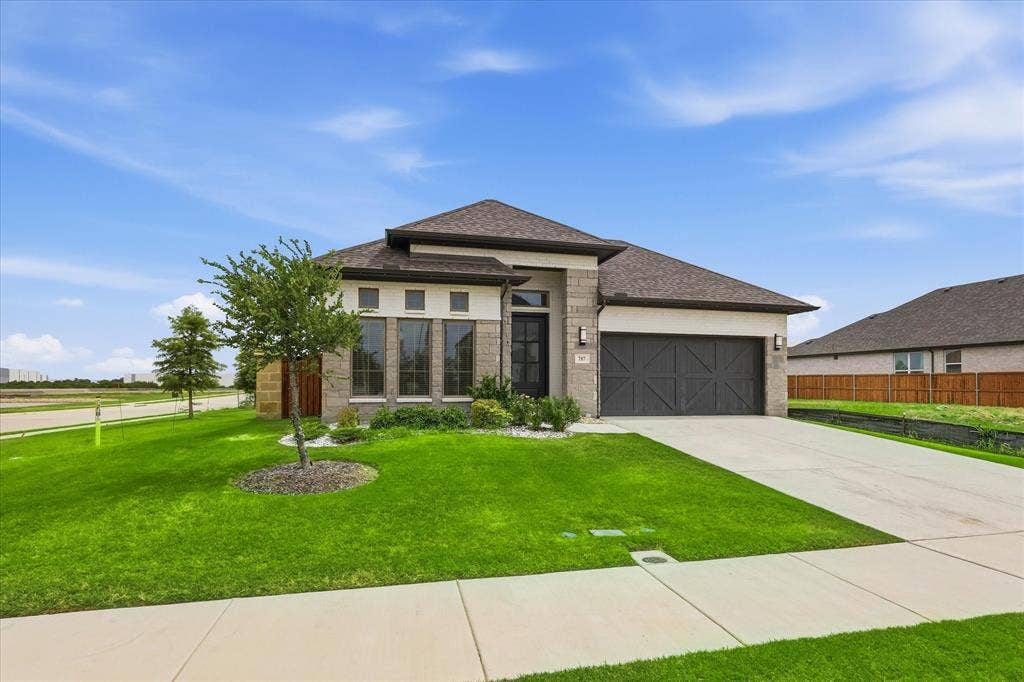 787 Cedarwood Court, Haslet, TX 76052 Contemporary single-story residence with a stone and stucco facade