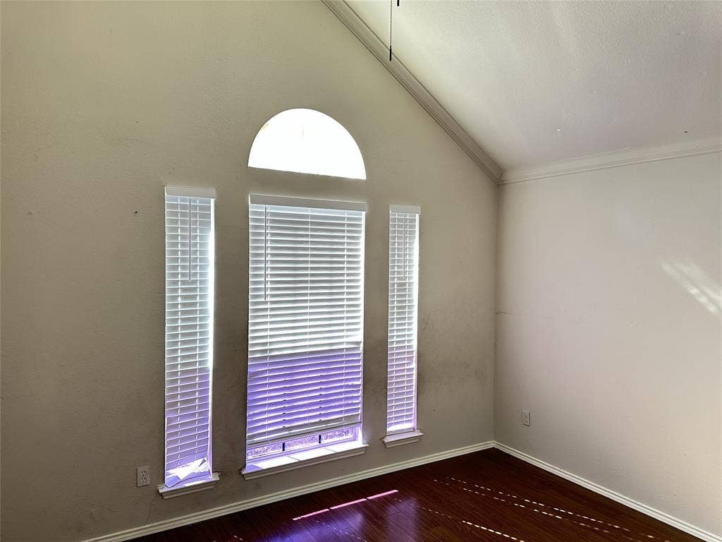 Vaulted ceiling with crown molding, arched transom window, two vertical windows with blinds, and wood-finish flooring