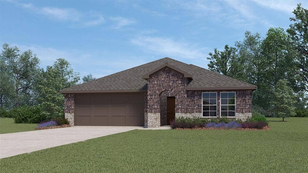 2912 Peppergrass Street, Royse City, TX 75189 Brick and stone facade residence featuring an arched entry, a two-car garage, and landscaped planting beds