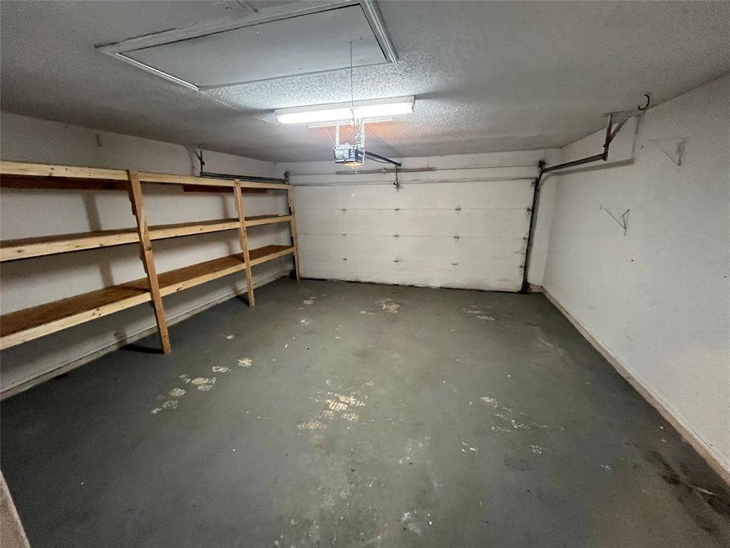 2405 Brookside Drive, Rowlett, TX 75088 Attached garage with a sectional overhead door, built-in wooden shelving, and fluorescent lighting