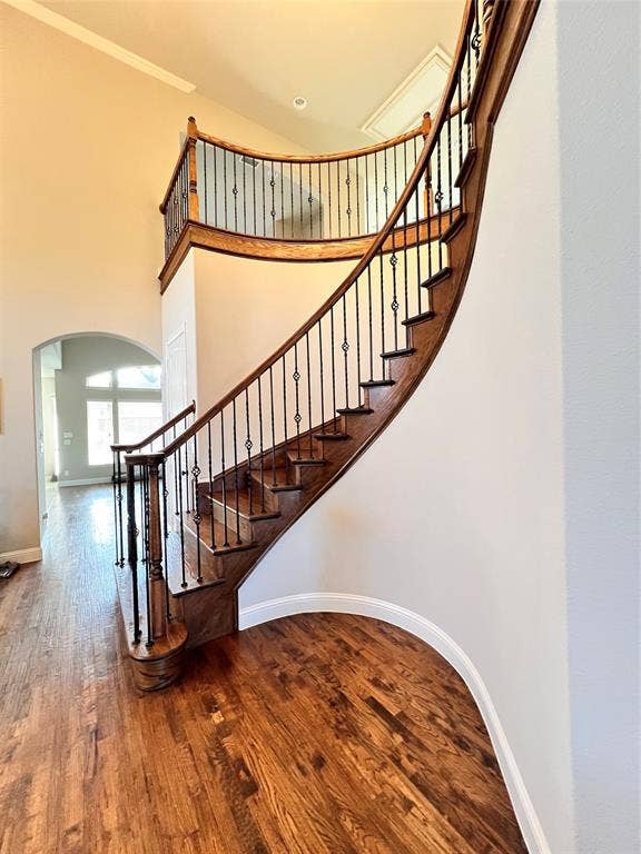 Grand curved staircase featuring dark wood treads and risers with wrought iron balusters