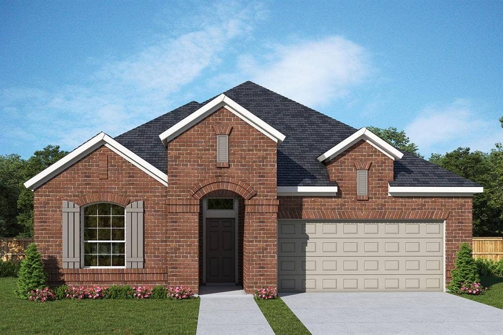 1223 Venture Drive, Northlake, TX 76247 Traditional brick exterior featuring a dark asphalt shingle roof, a two-car garage, an arched entry with a dark panel door, and decorative window shutters