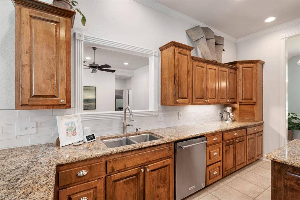 kitchen with cut out window to living room