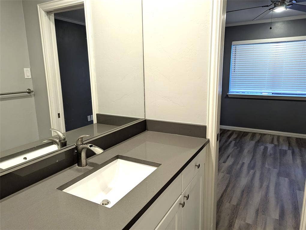 509 Pine Trail Drive, Allen, TX 75002 Vanity with integrated sink, solid surface countertop, and brushed nickel faucet