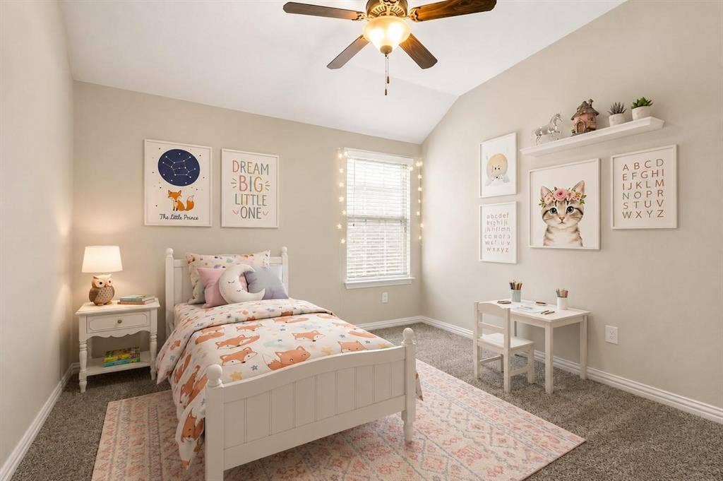 Carpeted room featuring a vaulted ceiling with a ceiling fan