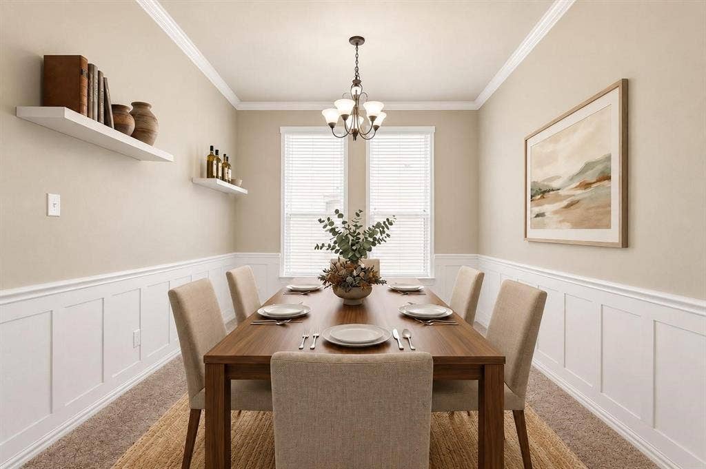 Formal dining area featuring wainscoting, crown molding, and two windows with blinds