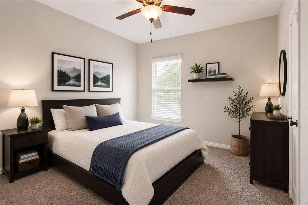 Neutral-toned bedroom featuring wall-to-wall carpeting and a ceiling fan with integrated lighting