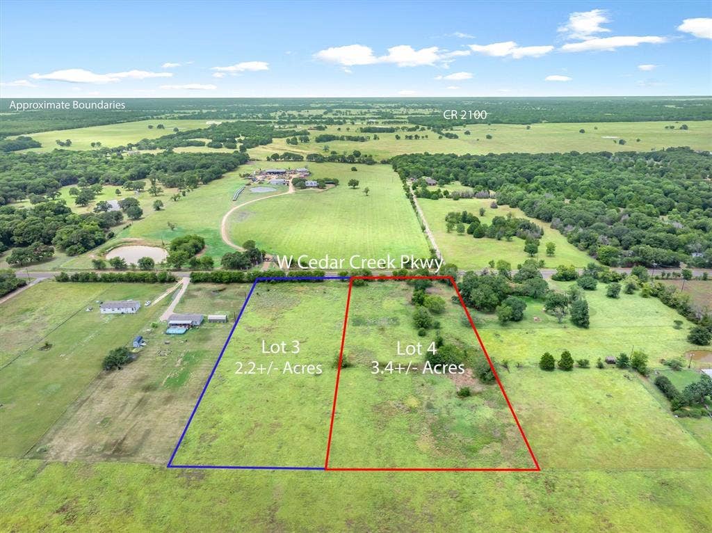 Lot 3R W. Cedar PKWY, Kemp, TX 75143 Expansive undeveloped land featuring designated parcels for Lot 3 (2.2+/- Acres) and Lot 4 (3.4+/- Acres)
