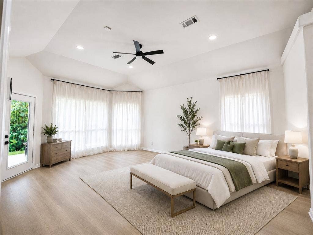 1706 Fairhaven Drive, Mansfield, TX 76063 Spacious room featuring vaulted ceilings, recessed lighting, wood-finish flooring, a ceiling fan, and a glass-paneled exterior door