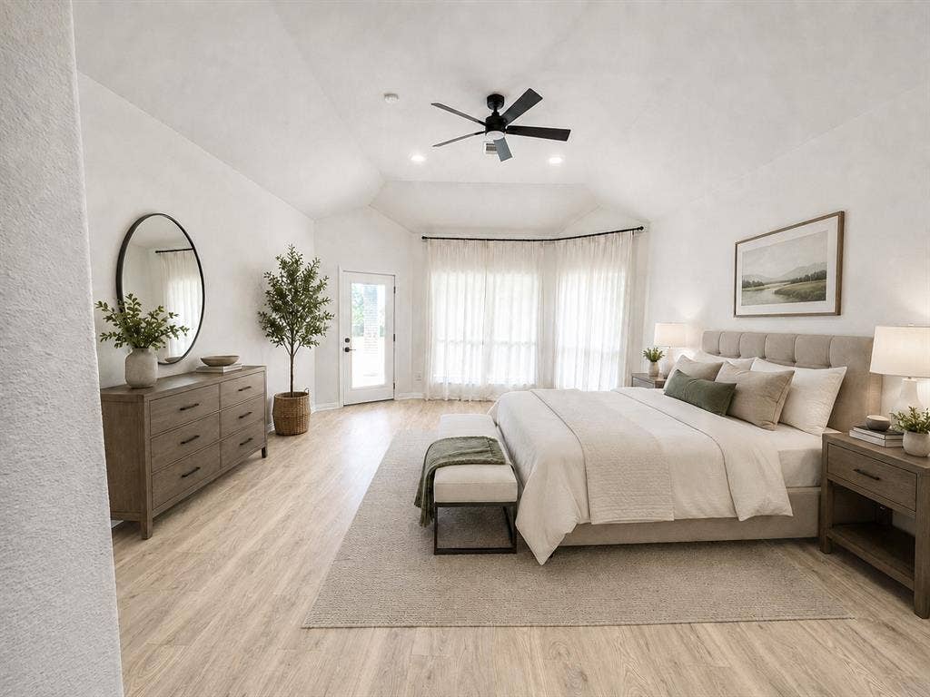 1706 Fairhaven Drive, Mansfield, TX 76063 Vaulted ceilings featuring a ceiling fan, light wood-finish flooring, a large area rug, and an exterior door with glass paneling