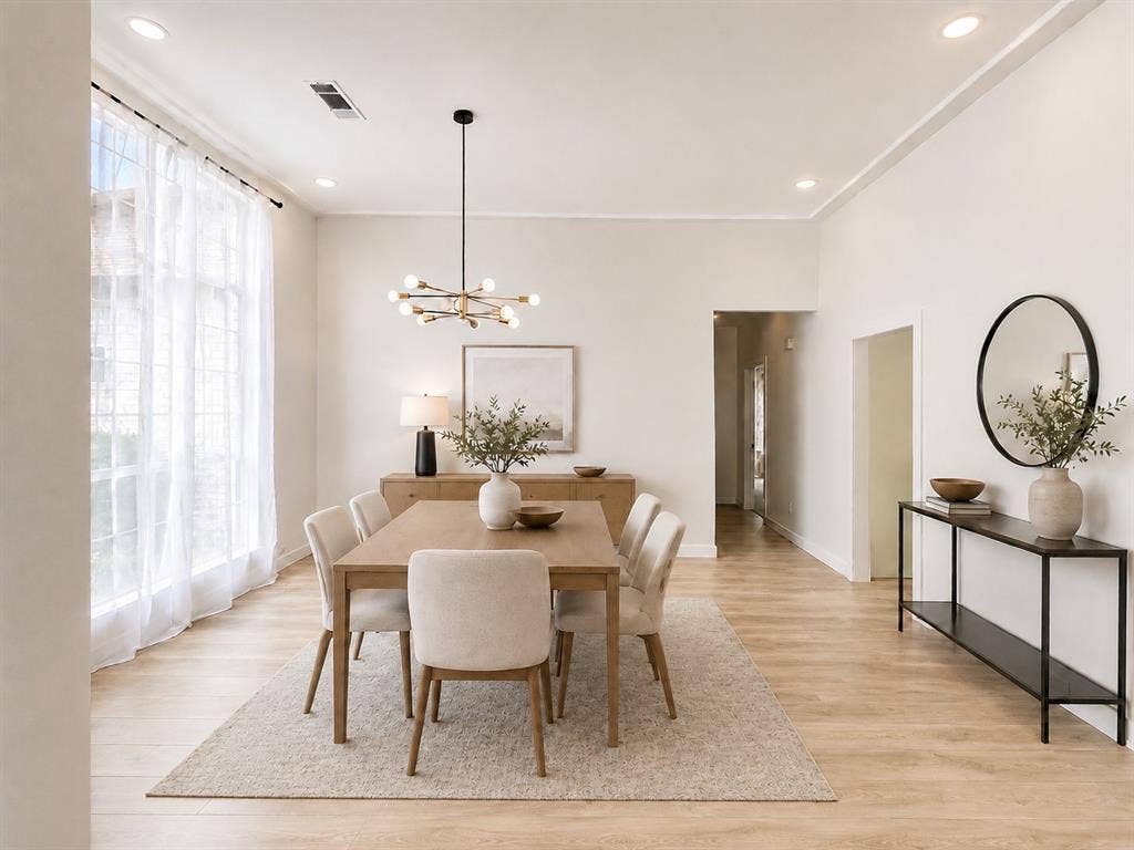1706 Fairhaven Drive, Mansfield, TX 76063 Dining area featuring recessed lighting, a contemporary chandelier, wood-finish flooring, and a large window with sheer drapery