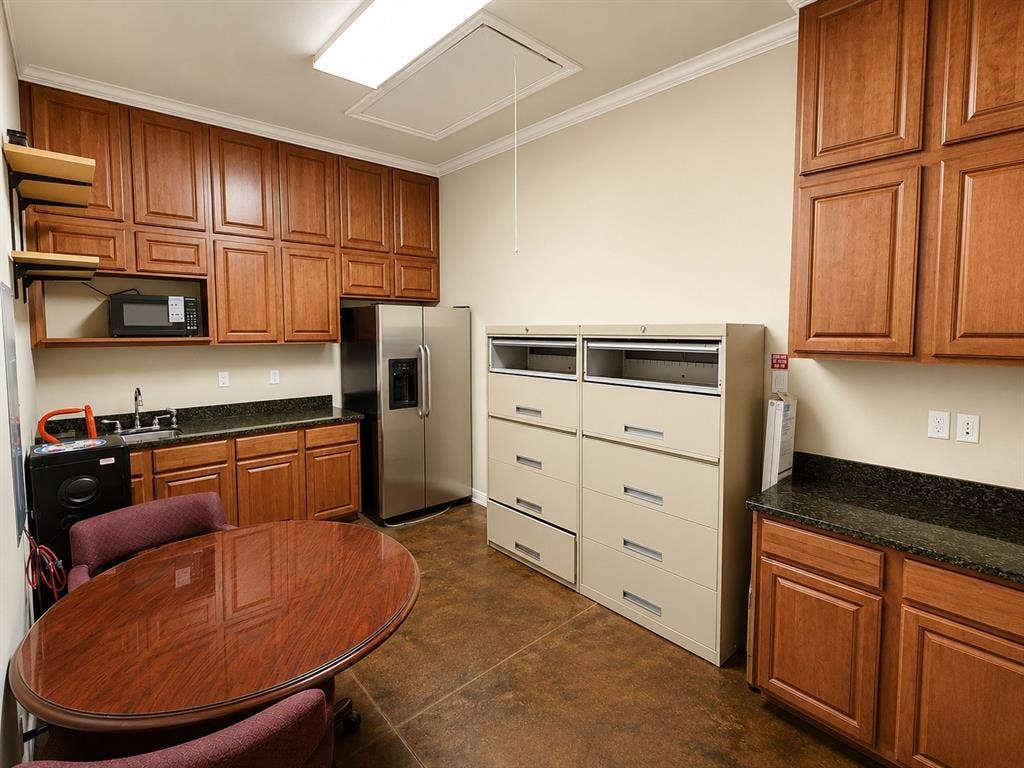 305 W Spring Creek Parkway, #5A, Plano, TX 75023 Spacious utility area featuring extensive wood cabinetry, dark granite-look countertops, and durable concrete-finish flooring