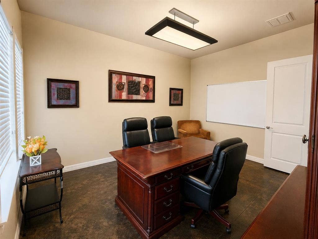 305 W Spring Creek Parkway, #5A, Plano, TX 75023 Dedicated office space featuring textured flooring, a window with horizontal blinds, and a white interior door