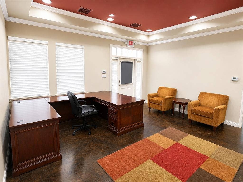 305 W Spring Creek Parkway, #5A, Plano, TX 75023 Spacious room featuring a decorative tray ceiling with recessed lighting, crown molding, two large windows with blinds, and dark-toned flooring