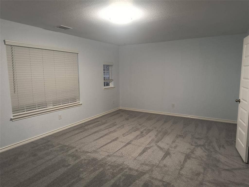 Spacious room featuring gray wall-to-wall carpeting, light-colored walls, and white trim