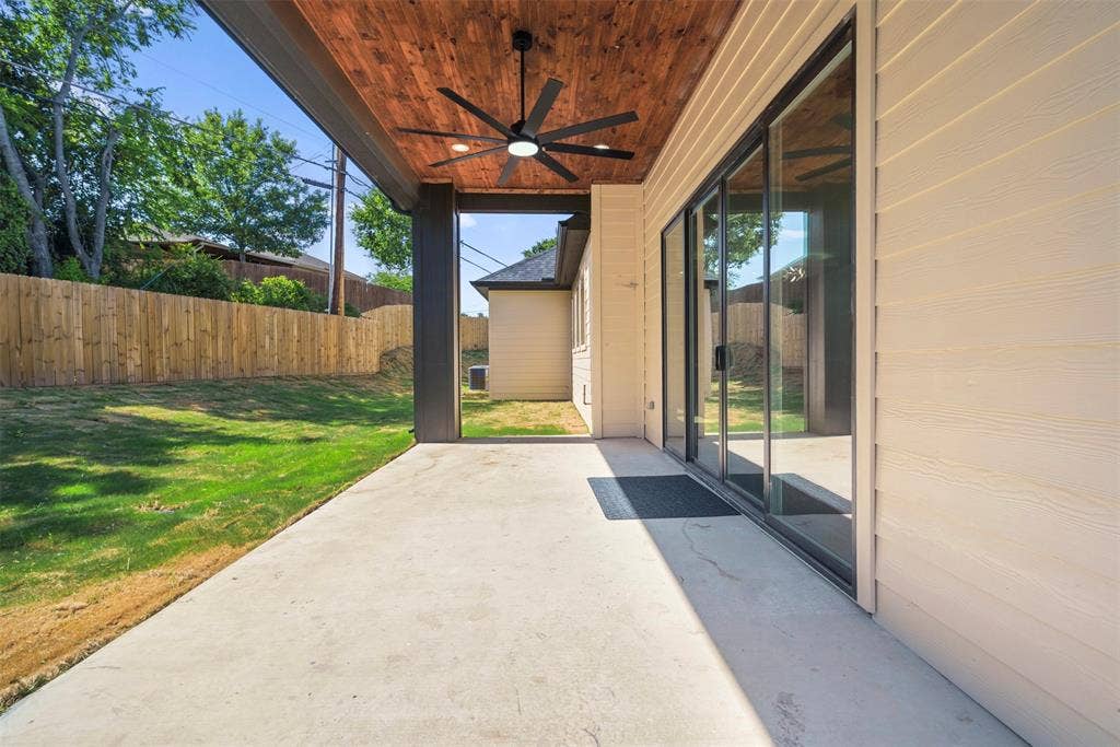 6505 Kemrock Drive, Dallas, TX 75241 Covered patio featuring a wood-finish ceiling with a ceiling fan