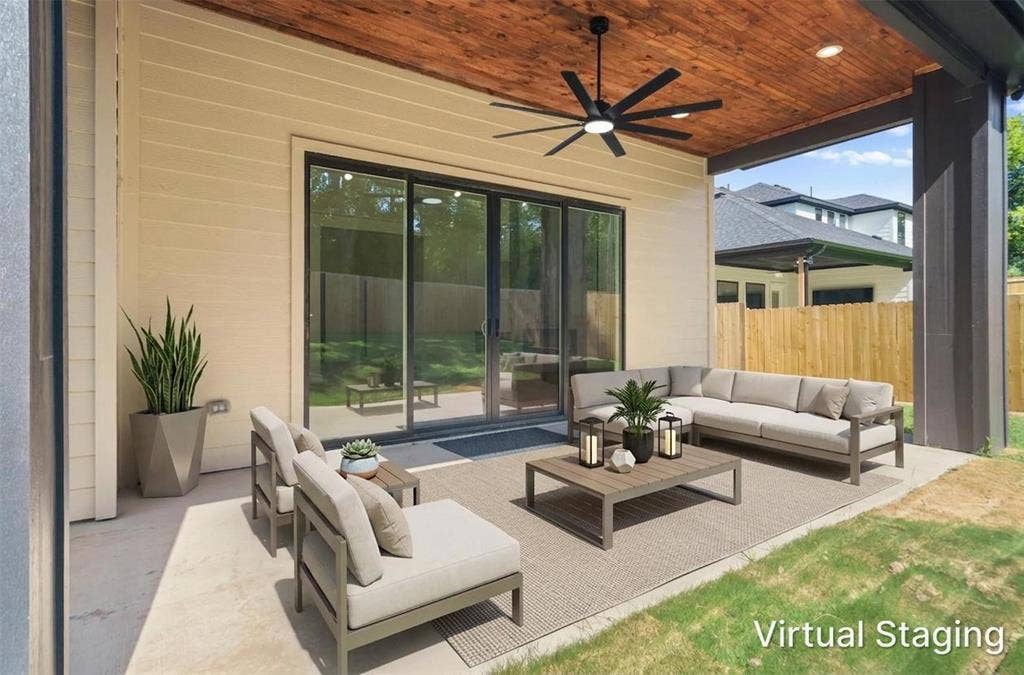 6505 Kemrock Drive, Dallas, TX 75241 Covered concrete patio featuring a wood-finish plank ceiling with a modern ceiling fan