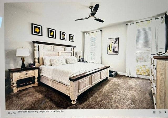 4220 Calla Drive, Forney, TX 75126 Carpeted room featuring a ceiling fan, window blinds, and white curtains