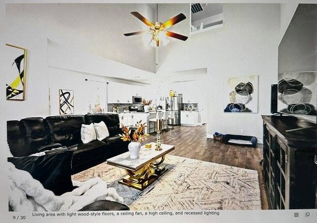 4220 Calla Drive, Forney, TX 75126 Spacious living area featuring high ceilings, wood-style flooring, a ceiling fan, and recessed lighting