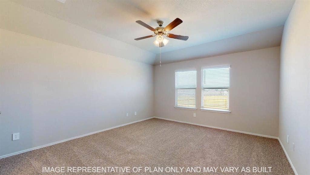 10325 Altair Drive, Waco, TX 76708 Spacious interior room featuring neutral-toned walls, plush carpeting, a ceiling fan with integrated lighting, and two windows with blinds