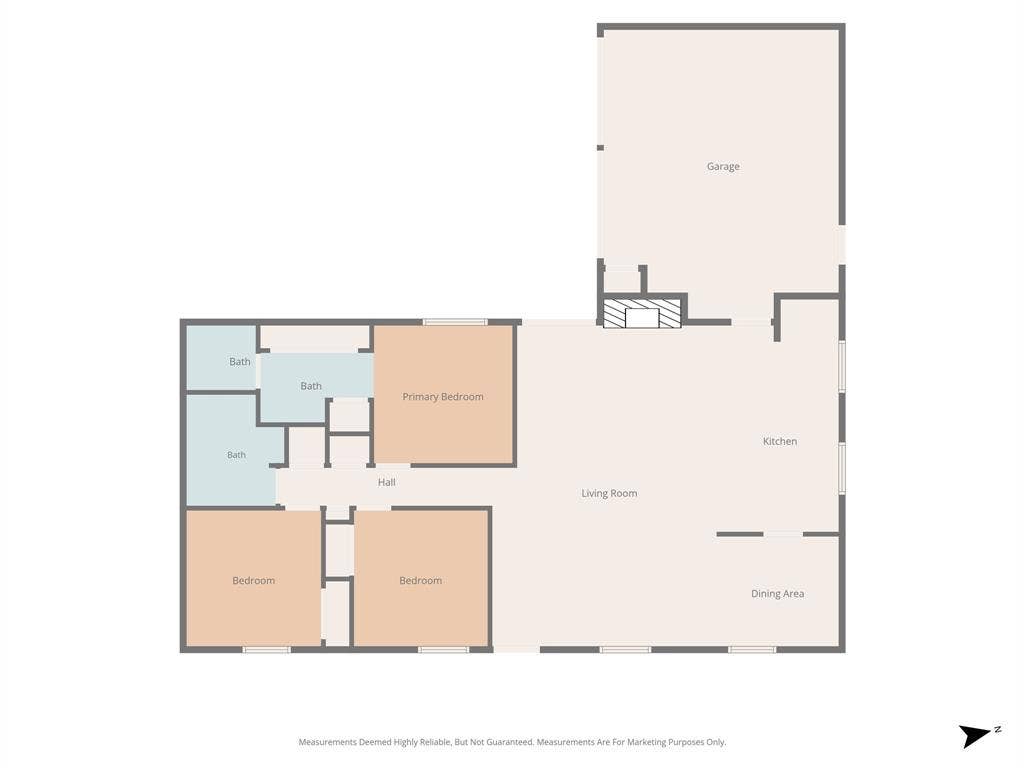 3702 Hastings Drive, Arlington, TX 76013 Single-story floor plan showing three bedrooms, two bathrooms, living room, dining area, kitchen, and attached garage at 3702 Hastings Drive