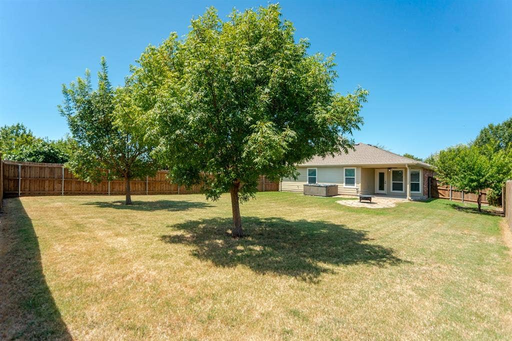 805 Andrews Court, Anna, TX 75409 Fenced backyard with mature trees, a stone patio, and a covered patio area
