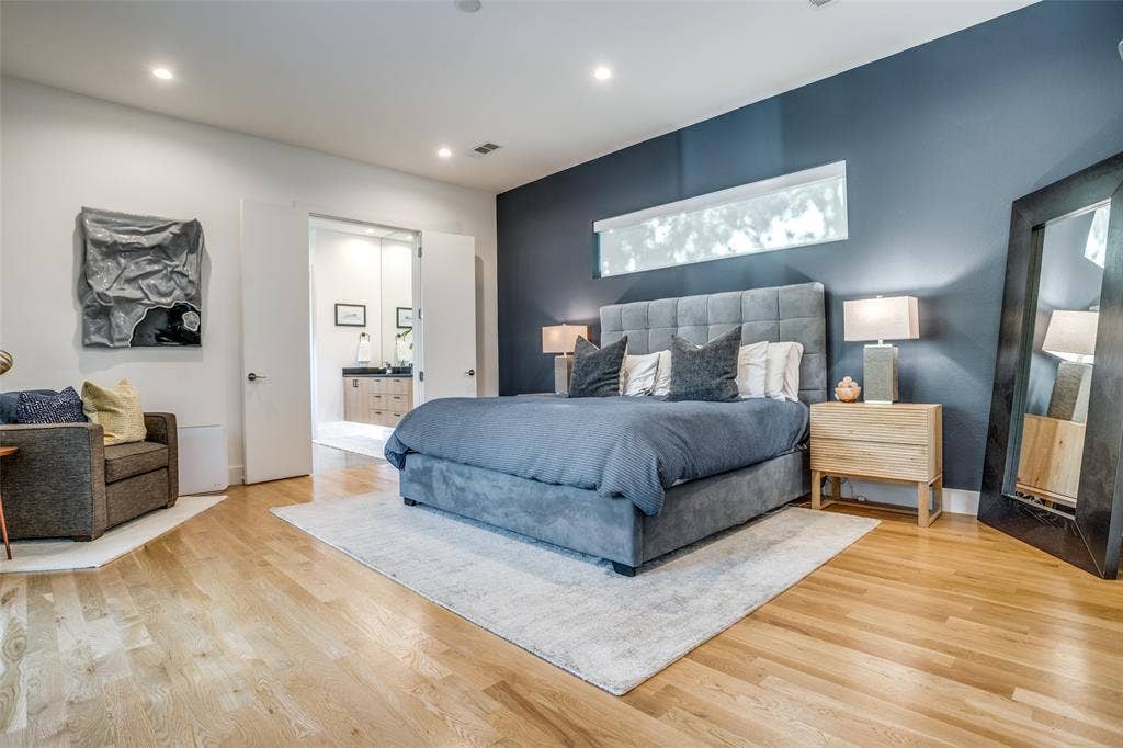 3766 Manana Drive, Dallas, TX 75220 Oversized Bedroom with sitting space featuring 3.25' Grade A white oak hardwood floors and ensuite bathroom