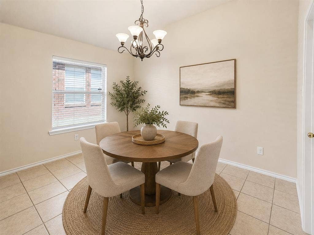 Dining area featuring a classic chandelier, vaulted ceilings, and a window with horizontal blinds