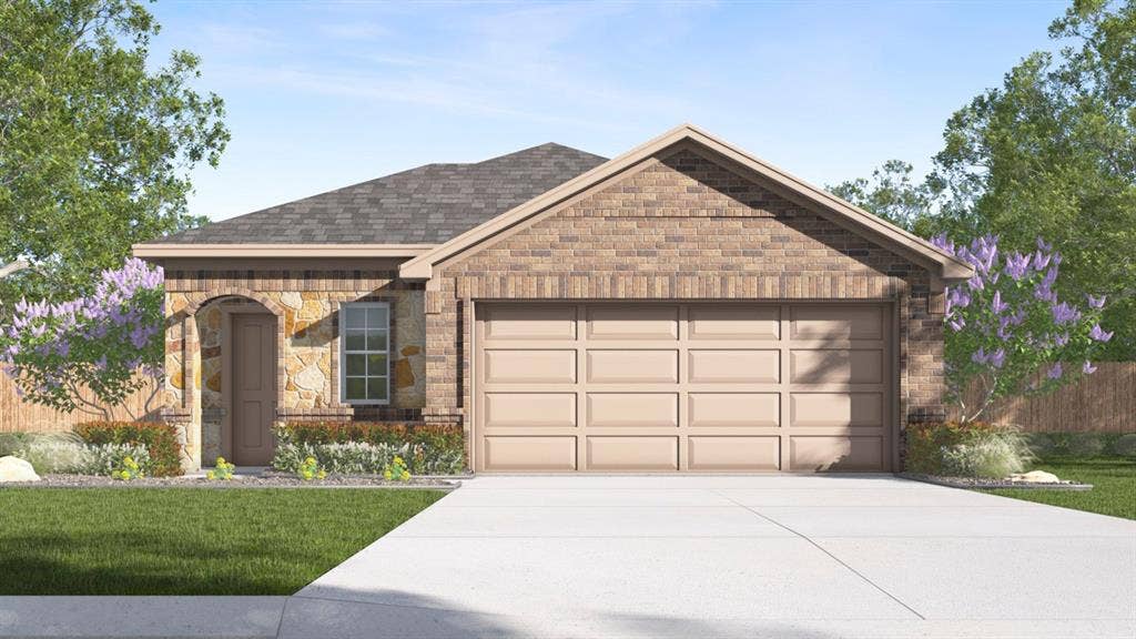 5618 Gannet Place, Crandall, TX 75114 Single-story residence featuring a combination of brick and stone exterior, an attached two-car garage, a covered entry, and a manicured front lawn with established landscaping