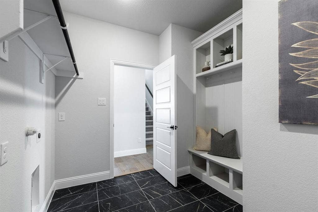 Mudroom of Kentsdale Farms home in DeSoto, TX by Kindred Homes