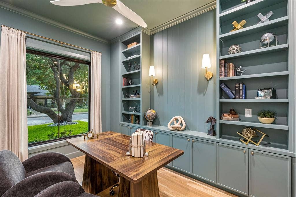 16834 Mossy Oak Drive, Dallas, TX 75248 Office with custom cabinetry overlooking the front yard