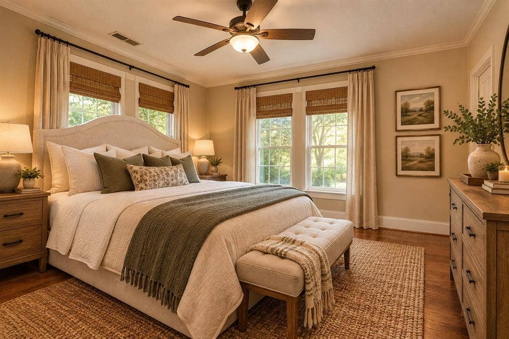 AI STAGED - Hardwood flooring, crown molding, double windows with woven shades, ceiling fan with integrated lighting, and a tufted upholstered headboard