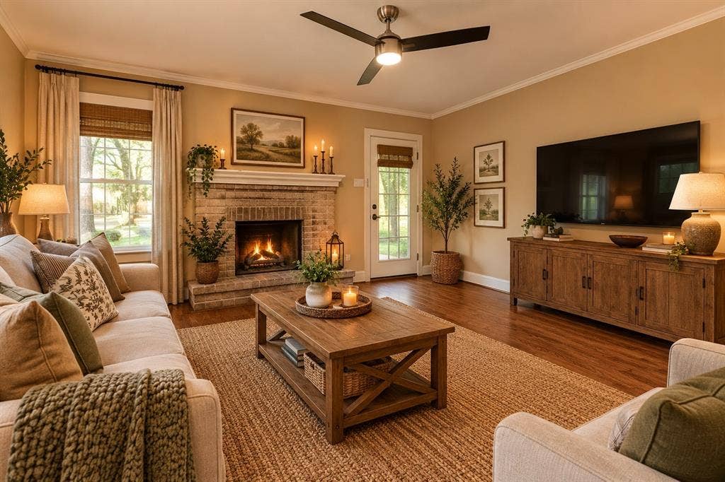 AI Staged -  Mock Fireplace - hardwood-finish flooring