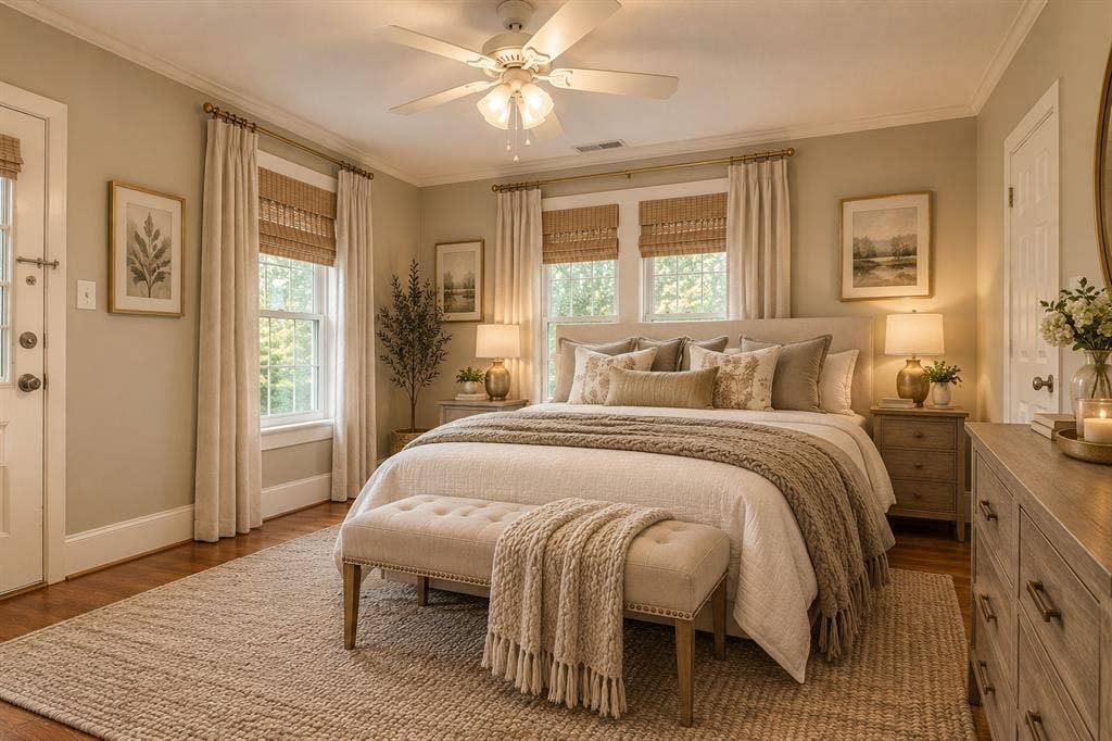 2nd BEDROOM - AI ENHANCED Hardwood flooring, crown molding, double windows with custom shades, ceiling fan with integrated lighting, and a paneled door