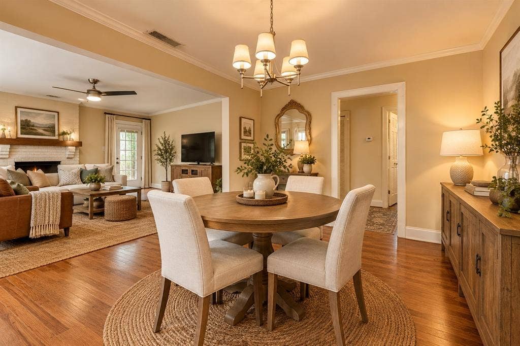 AI Staged - Hardwood flooring throughout, with crown molding and recessed lighting