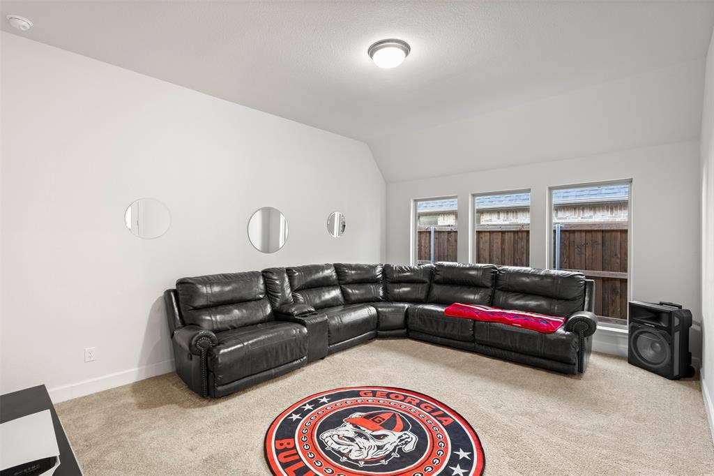 2837 Midlake Drive, Midlothian, TX 76065 Spacious room featuring neutral carpet flooring, three rectangular windows with white trim, and a semi-flush mount ceiling light fixture