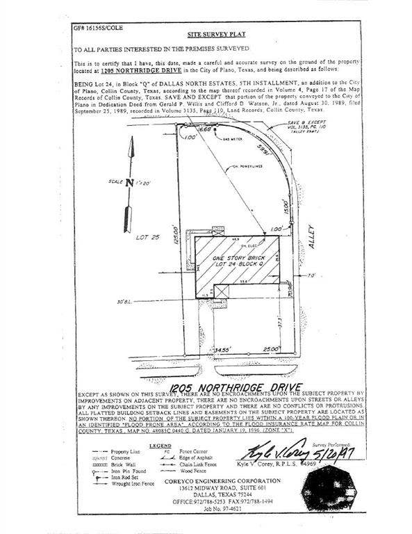 1205 Northridge Drive, Plano, TX 75075 Site Survey Plan. Graphic representation of the property boundaries, lot configuration, and structural improvements with dimensional annotations and surveyor certification