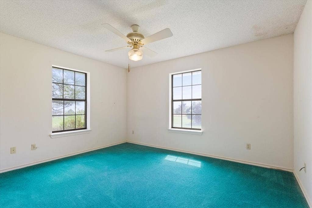 146 Indian Paint Brush Road, Eddy, TX 76524 Bright room featuring two large windows, a ceiling fan with integrated lighting, white walls, and blue carpeting