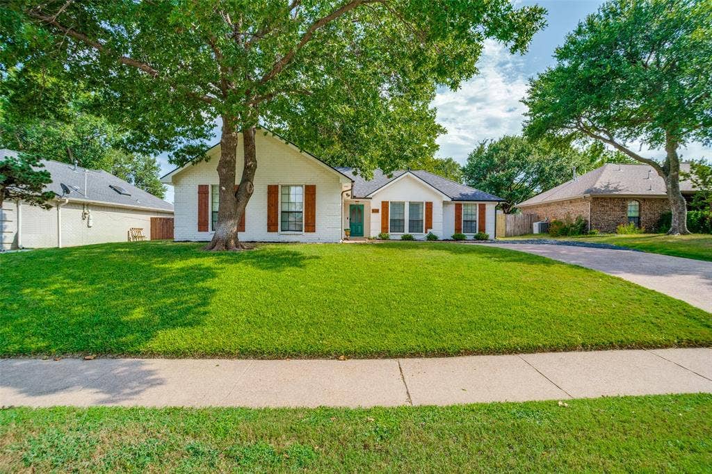 8201 Christie Drive, Frisco, TX 75033 Single-story residence featuring a white exterior, dark roof, and brown shutters