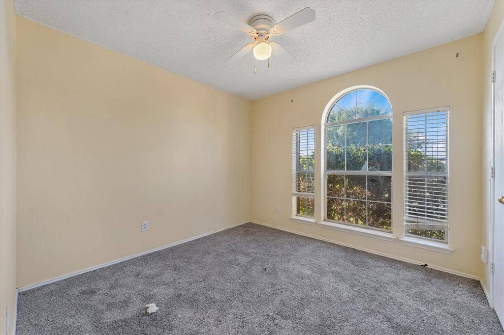 2312 Corral Drive, Fort Worth, TX 76133 Arch-top window with additional side windows, ceiling fan, and grey carpet flooring