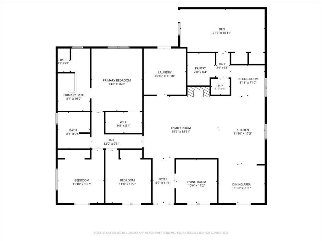 1112 Woodmount Court, Denton, TX 76209 Functional single-story floor plan featuring 3 bedrooms, 2.5 bathrooms, multiple living areas, an open kitchen, large utility room, walk-in pantry, dedicated dining room, flex room, and spacious den with private exterior access.