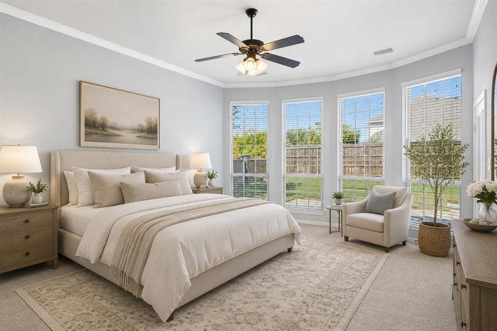 Virtually staged primary suite overlooking the great backyard