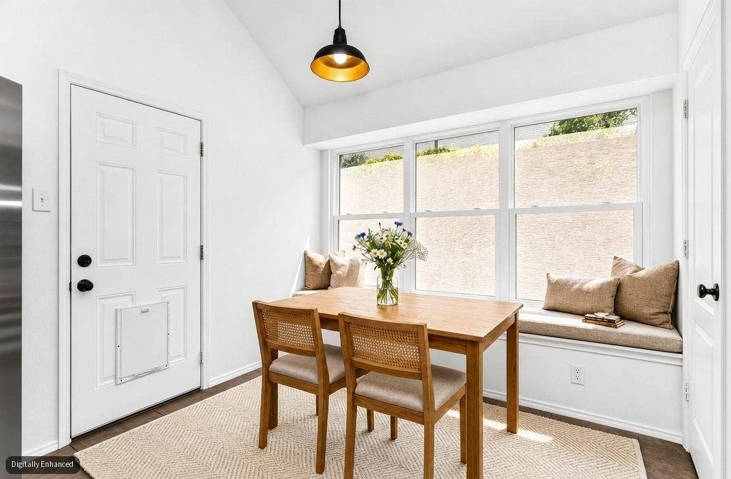 11404 Amber Valley Drive, Frisco, TX 75035 Vaulted ceiling with an attached pendant light, large window with a built-in window seat, and wood-finish flooring