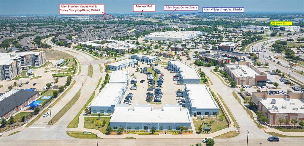 945 Stockton Drive, #7120, Allen, TX 75013 Aerial perspective showcasing a commercial development with multiple single-story and multi-story buildings, surrounded by extensive asphalt parking areas