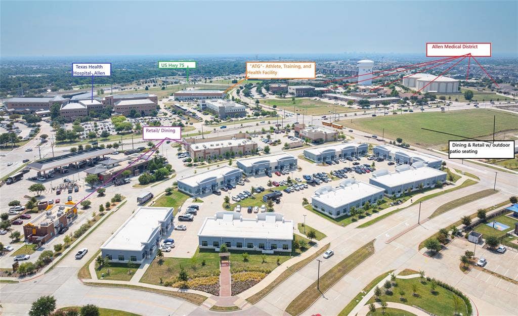945 Stockton Drive, #7120, Allen, TX 75013 Commercial development featuring multiple buildings, extensive parking areas, and mature landscaping