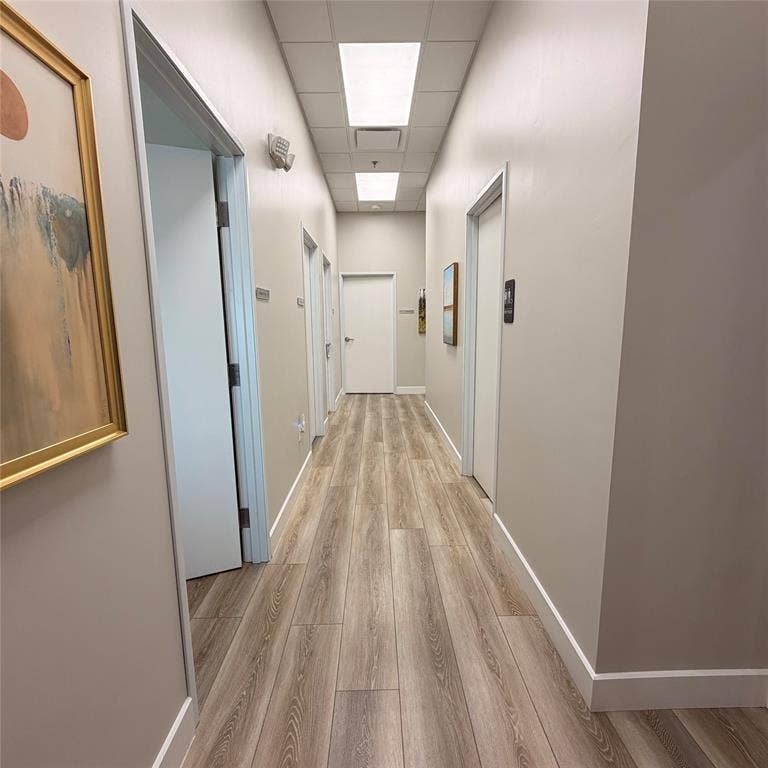 945 Stockton Drive, #7120, Allen, TX 75013 Hallway featuring wood-finish flooring, light gray walls, white trim, and multiple doorways