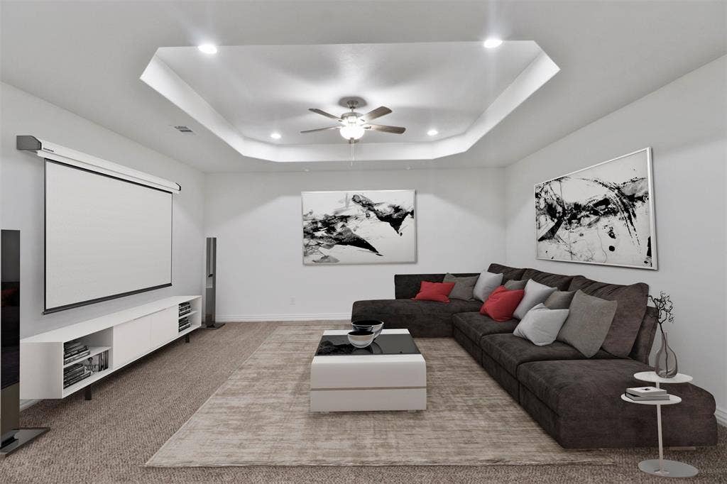4112 Balch Drive, Dallas, TX 75216 Recessed lighting illuminates a tray ceiling with a ceiling fan