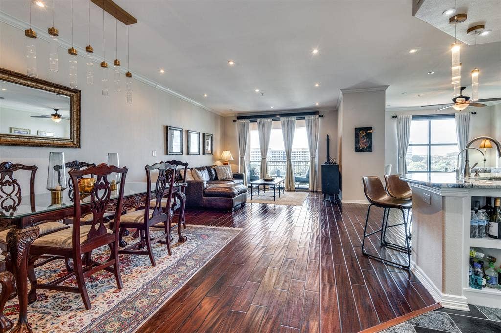330 Las Colinas Boulevard E, #1016, Irving, TX 75039 View of dining room and living room with adjacent 2nd living area