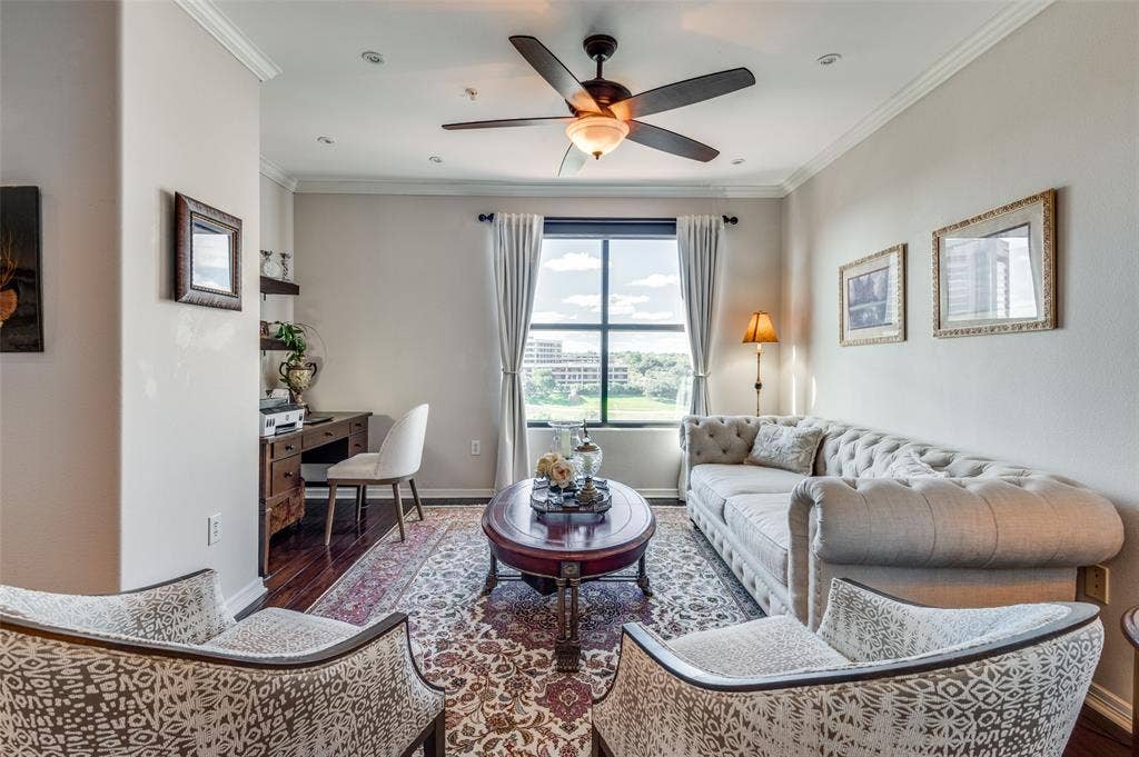 330 Las Colinas Boulevard E, #1016, Irving, TX 75039 Living room with access to private balcony