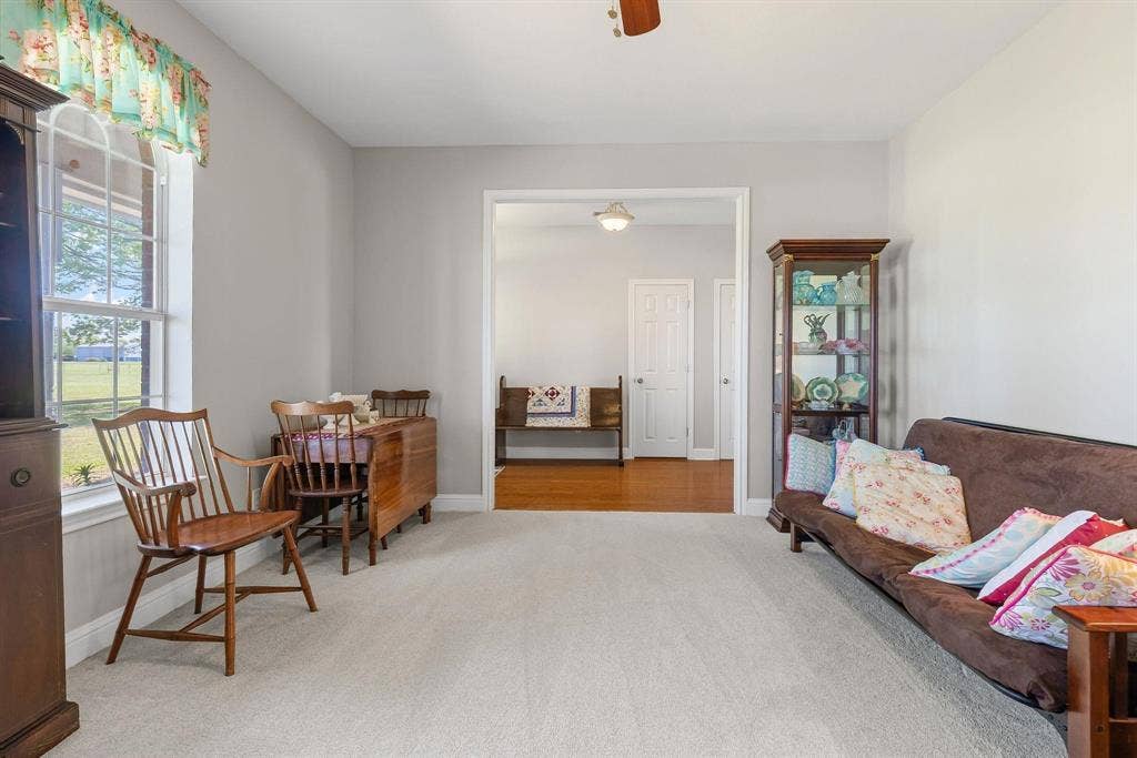 Spacious room with light-toned wall paint and carpeted flooring